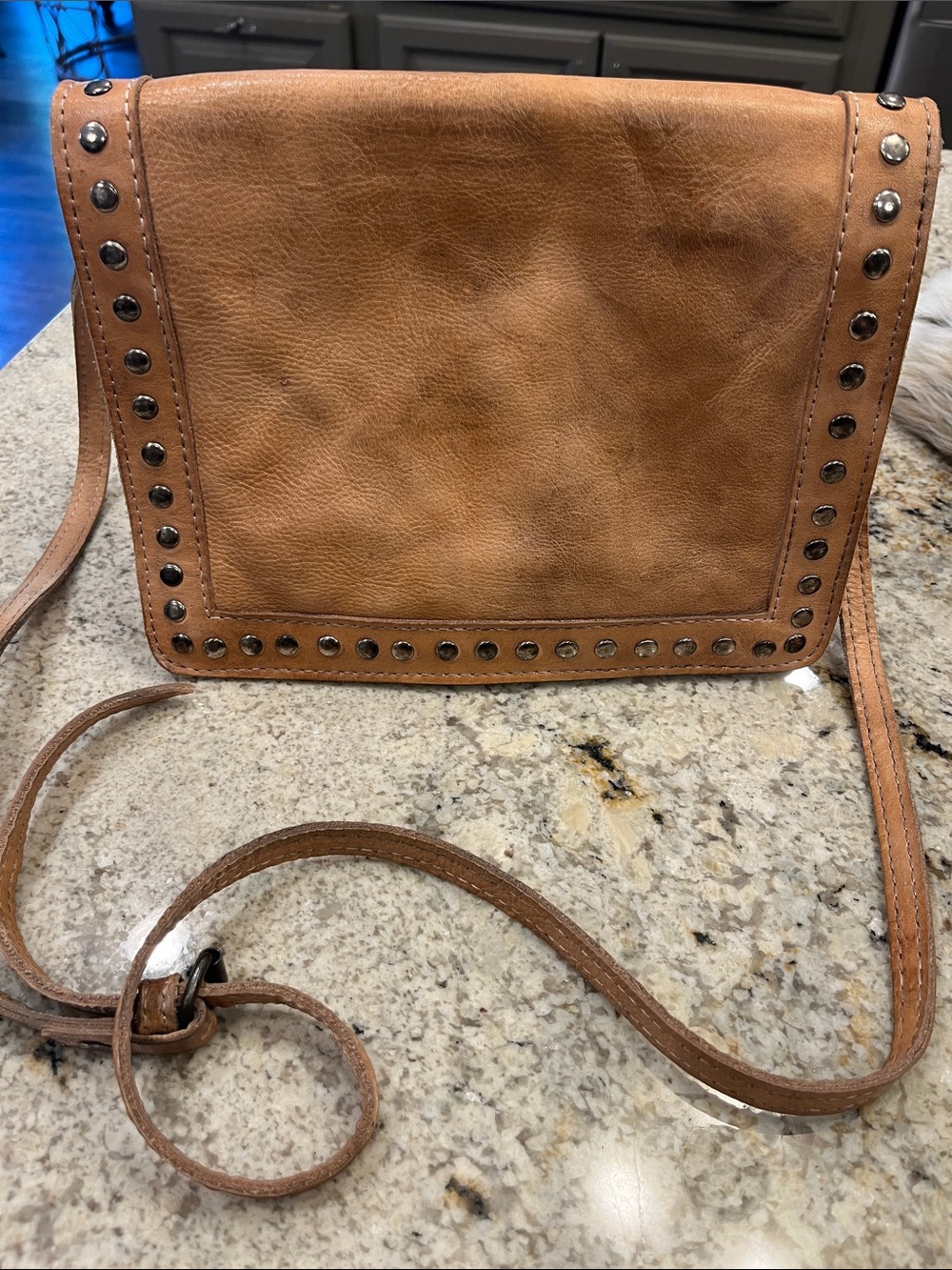 Stud-Trim Leather Crossbody Bag in Tan
